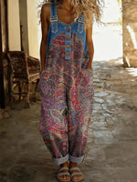 Women's Vintage Floral Art Print Washed Cotton Denim Patchwork Jumpsuit