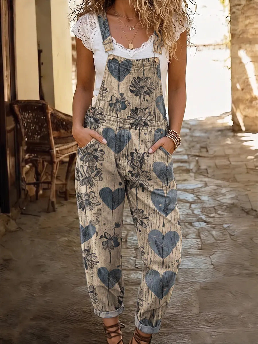 Retro Ethnicity Flowers Love Women's Casual Washed Cotton Denim Jumpsuit