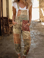 Retro ethnic style patchwork women's casual washed cotton denim jumpsuit