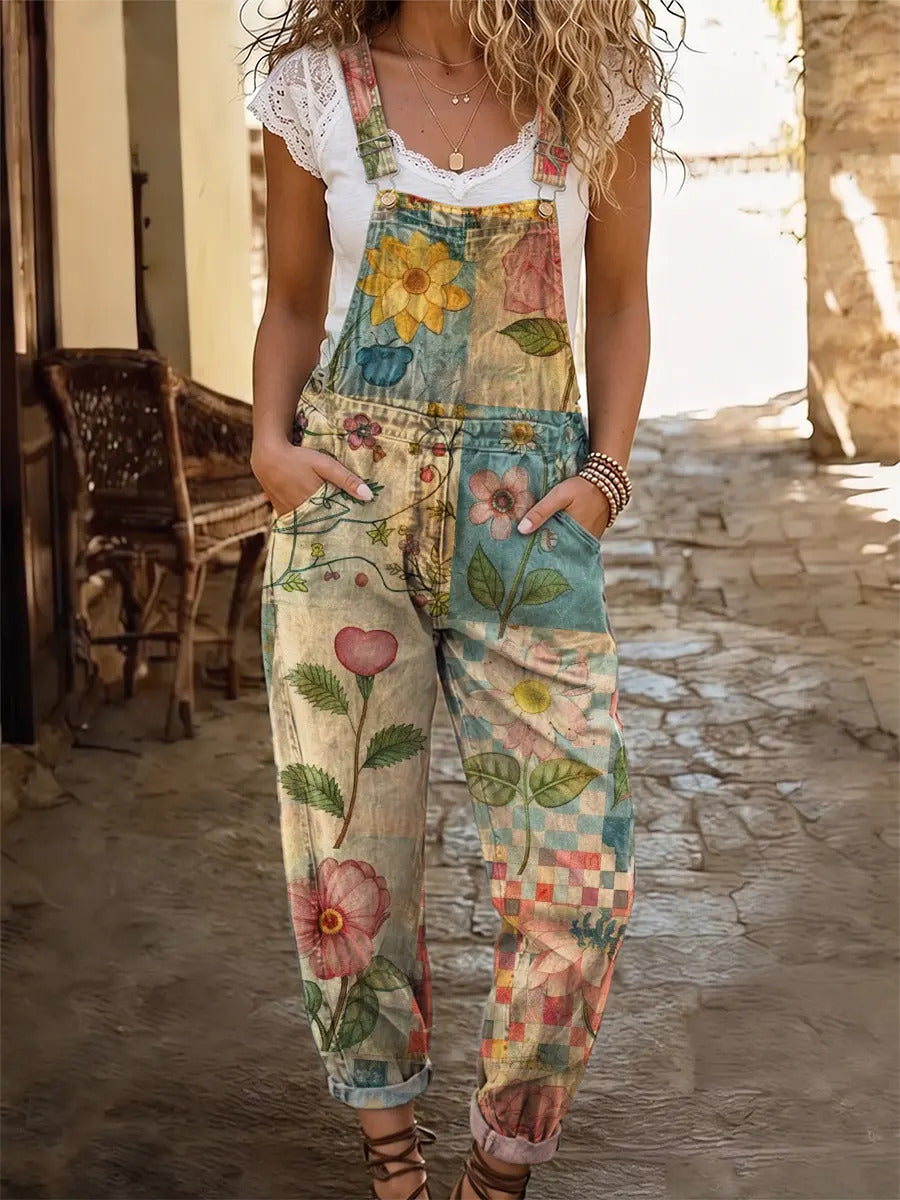 Ethnicity Bohemia Patchwork Flowers Love Women's Casual Washed Cotton Denim Jumpsuit