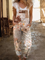 Retro ethnic style patchwork floral women's casual washed cotton denim jumpsuit