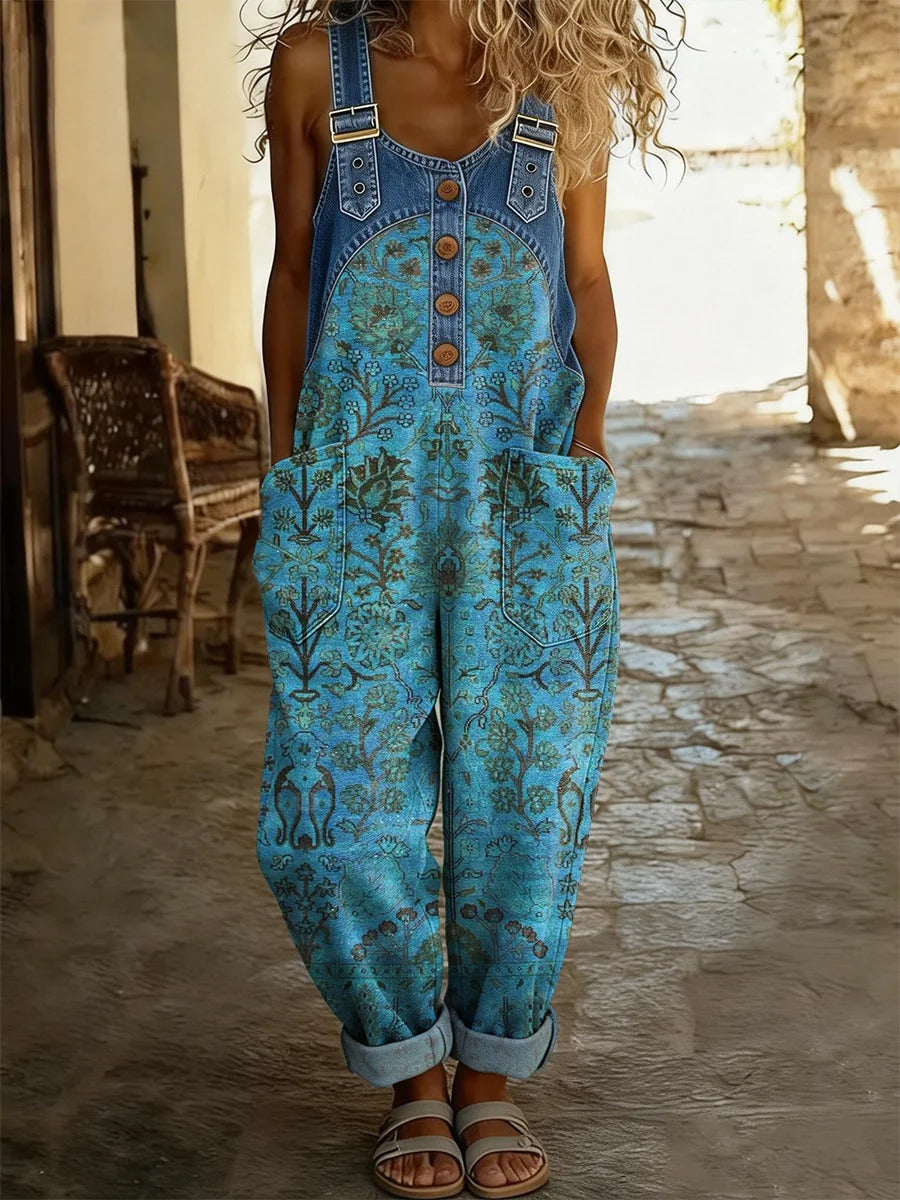 Women's Retro Ethnic Totem Art Print Casual Sleeveless Denim Patchwork Jumpsuit
