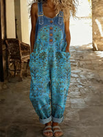 Women's Retro Ethnic Totem Art Print Casual Sleeveless Denim Patchwork Jumpsuit