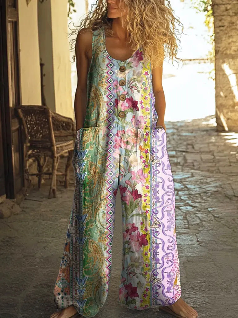 Women's Retro Floral Art Print Casual 100% Cotton Wide-Leg Jumpsuit