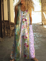 Women's Retro Floral Art Print Casual 100% Cotton Wide-Leg Jumpsuit