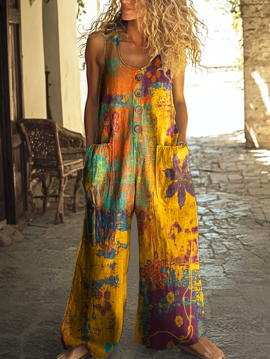 Women's Retro Color Block Print Casual 100% Cotton Wide-Leg Jumpsuit