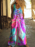 Women's hippie style floral art print casual 100% cotton wide-leg jumpsuit