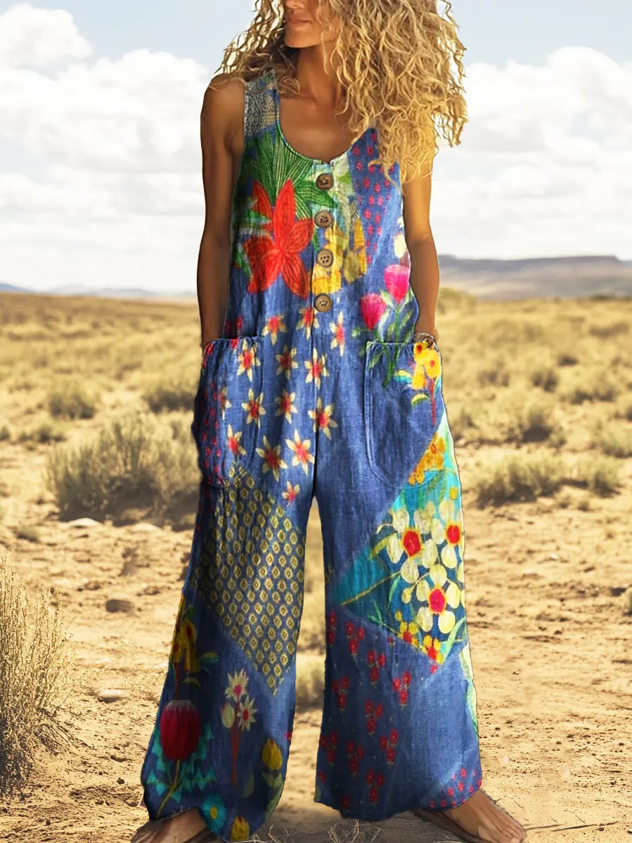 Women's Ethnic Style Patchwork Floral Art Print 100% Cotton Wide-Leg Jumpsuit