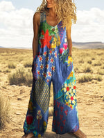 Women's Ethnic Style Patchwork Floral Art Print 100% Cotton Wide-Leg Jumpsuit