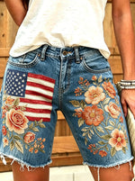 Women's American flag rose floral print cotton denim shorts