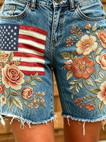 Women's American flag rose floral print cotton denim shorts