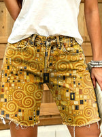 Women's Abstract Patterns Art Geometric Print Frayed Denim Bermuda Shorts