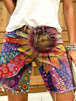 Women's Bohemian style sunflower art print frayed denim Bermuda shorts