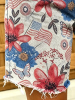 Women's American Patriotic Floral Butterfly Print Frayed Denim Bermuda Shorts