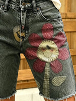 Women's Retro Smiley Sunflower Distressed Print Frayed Denim Bermuda Shorts