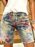 Women's Retro Ethnic Floral Art Print Casual Washed Cotton Denim Shorts