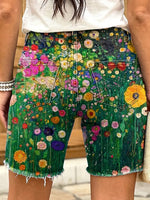 Ethnic floral geometric pattern women's art print casual denim shorts