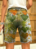 Women's Artistic Print Denim Shorts With Heart And Daisy Design