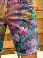 Women's Dreamy Gradient Floral Distressed Print Frayed Denim Bermuda Shorts