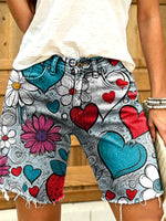 Women's hippie style floral heart art print casual washed cotton denim shorts