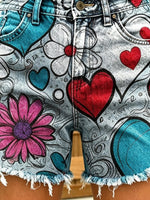 Women's hippie style floral heart art print casual washed cotton denim shorts