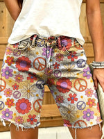 Hippie Bohemian Floral Pattern Women's Art Print Casual Denim Shorts