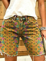 Retro Ethnicity Geometry Flowers Women's Art Print Casual Denim Shorts