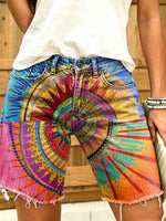 Women's Tribal Sun Mandala Print Frayed Denim Shorts