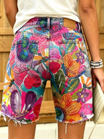 Women's Abstract Floral Art Print Frayed Denim Bermuda Shorts