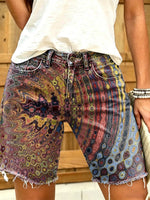 Women's Psychedelic Swirl Tie-Dye Print Frayed Denim Shorts