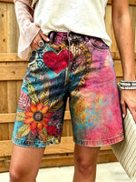Women's Vintage Heart & Feather Floral Print Cotton Denim Shorts