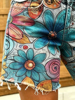 Women's Retro Colorful Floral Art Print Casual Washed Cotton Denim Shorts