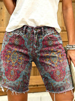 Women's Retro Ethnic Totem Art Print Casual Washed Cotton Denim Shorts