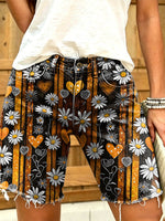 Women's Retro Floral Art Print Casual Washed Cotton Denim Shorts