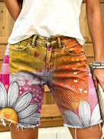 Women's Retro Colorful Floral Art Print Casual Washed Cotton Denim Shorts