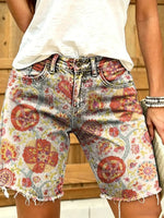 Retro ethnic style floral paisley print women's casual denim shorts