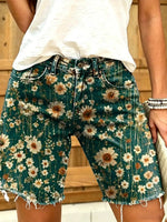 Retro floral print women's art print casual denim shorts