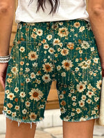 Retro floral print women's art print casual denim shorts