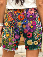 Retro Abstract Flowers Women's Art Print Casual Denim Shorts