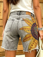 Women's Retro Sunflower Print Frayed Denim Bermuda Shorts