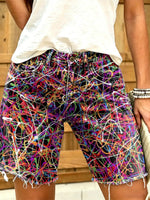 Women's Abstract Graffiti Line Print Frayed Denim Bermuda Shorts