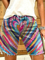 Women's Rainbow Heart Stripe Print Frayed Denim Bermuda Shorts