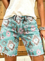 Women's Aztec Tribal Print Frayed Hem Denim Shorts