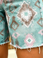 Women's Aztec Tribal Print Frayed Hem Denim Shorts
