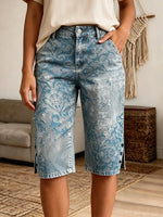 Women's Vintage Washed Damask Print Denim Shorts