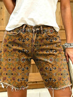 Ethnic floral geometric pattern women's art print casual denim shorts