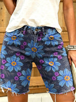 Women's Retro Floral Art Print Casual Washed Cotton Denim Shorts