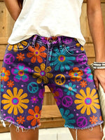 Ethnicity Hippie Flowers Geometry Women's Art Print Casual Denim Shorts