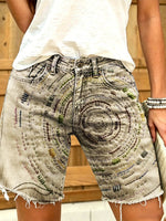 Women's Retro Art Print Casual Washed Cotton Denim Shorts