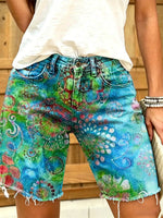 Women's hippie retro tie-dye art print fashion denim shorts